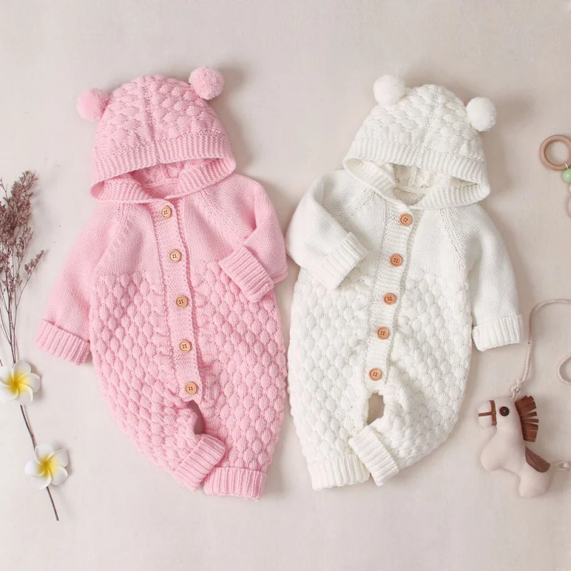 

ZL Autumn Infant Baby Girls Long Sleeve Knitted Solid Print Hoodie Rompers Sweater Kids Boys Bodysuit Jumpsuit