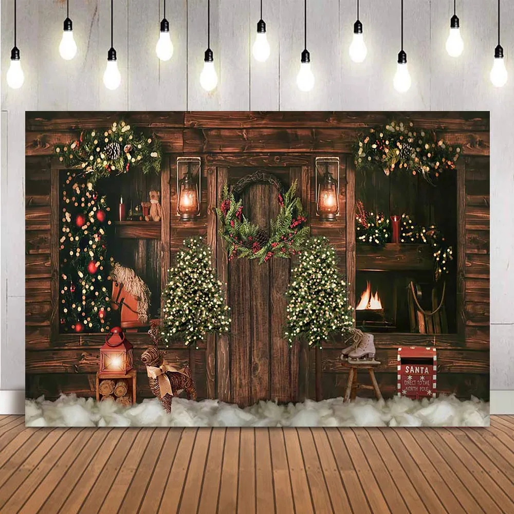 

Christmas rustic wood backdrop for photography Christmas tree Trojan Vintage light photo booth background Christmas photocall
