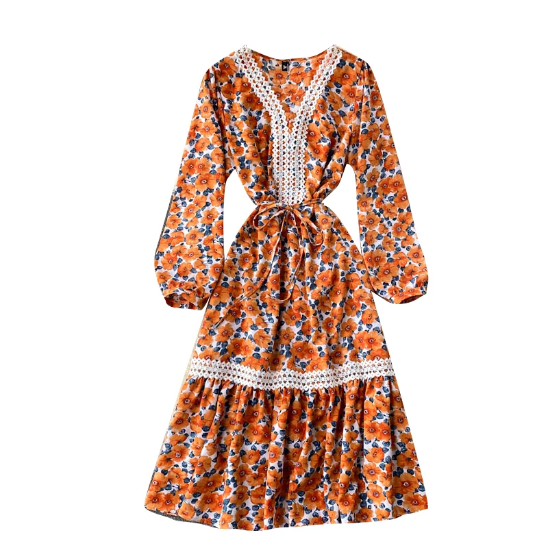 

2021 Retro Euro Women Fashion Dresses Ladies Causal Idyllic Style Long Bubble-sleeve Printed Flowers Dress Vestidos De Fiesta