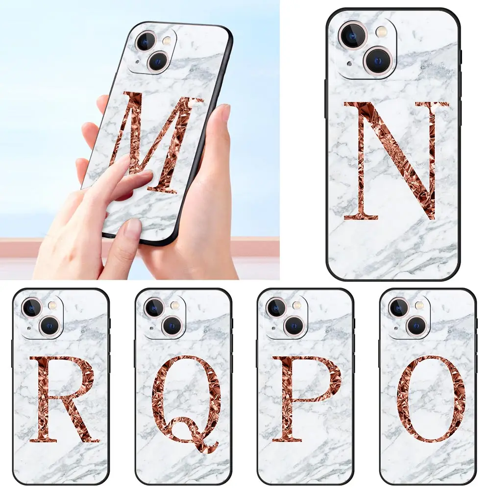 Case For iPhone 13 11 12 Pro XR 7 8 + X XS Max 6 6S Plus 5 5S SE 2020 13Mini Black Phone Coque Letter R Q White Marble