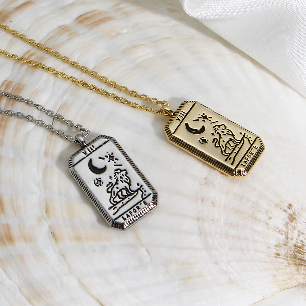 

2021Fashion Square Amulet Enamel Tarot Card Pendant Necklace Gold Platd Moon Sun World Love Power Necklaces Couple Jewelry Gifts