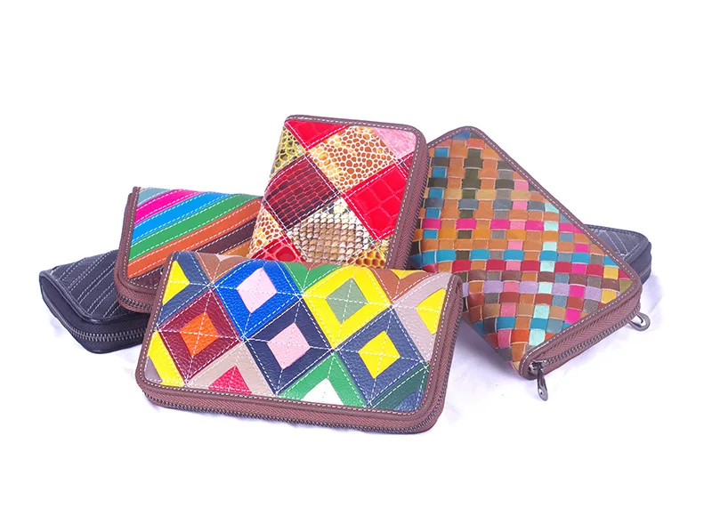 Genuine leather women plaid long zipper purse handmade knit wallet