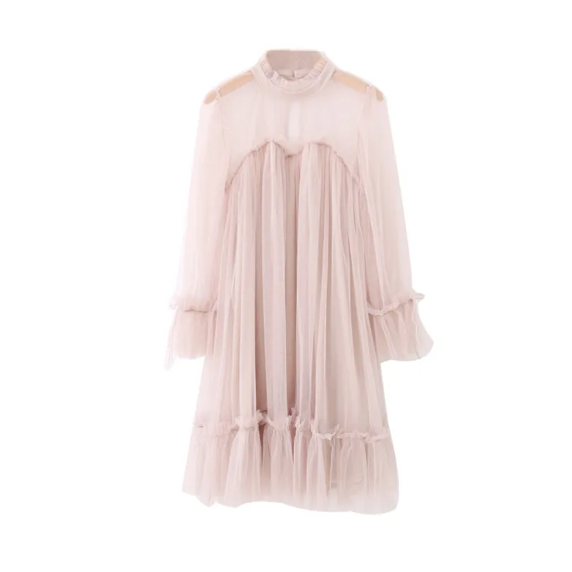 

Ukraine Maxi Dress Summer Dress Real Polyester Mesh Loose Solid Full Ruffles Knee-length Women New Net Yarn Lotus Leaf Female