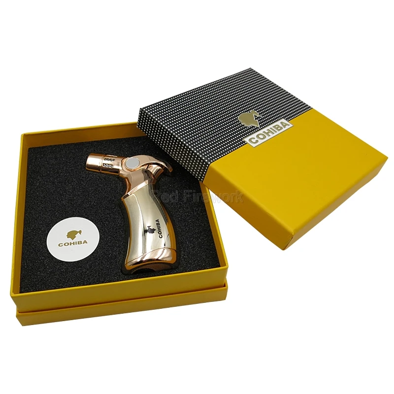 COHIBA высококачественная металлическая зажигалка для сигар, ветрозащитный фонарь с 4 пламенями, зажигалки для сигарет, огнеупорная зажигалка с подарочной коробкой