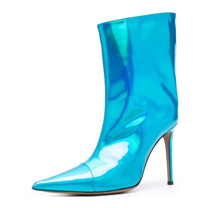 Custom Color Mirror Leather High Heels Women Ankle Boots Pointed Toe Sexy Booty for Ladies Slip-on Big Size 43