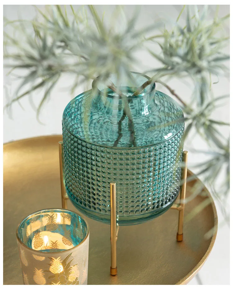 

Luxury Lake Blue Glass Vase Decoration With Golden Metal Bracket Model Room Living Room Home Soft Decoration Flower Arrangement