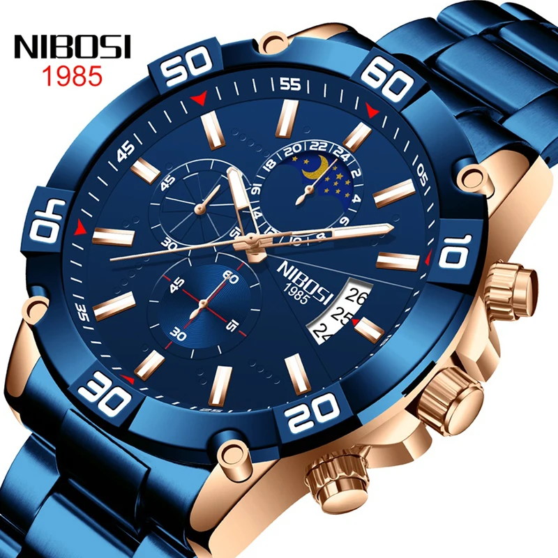 

NIBOSI New Men’s Watches Top Brand Sport Watch Luxury Men Military Steel Quartz Wrist Watches Chronograph Blue Design Male Clock
