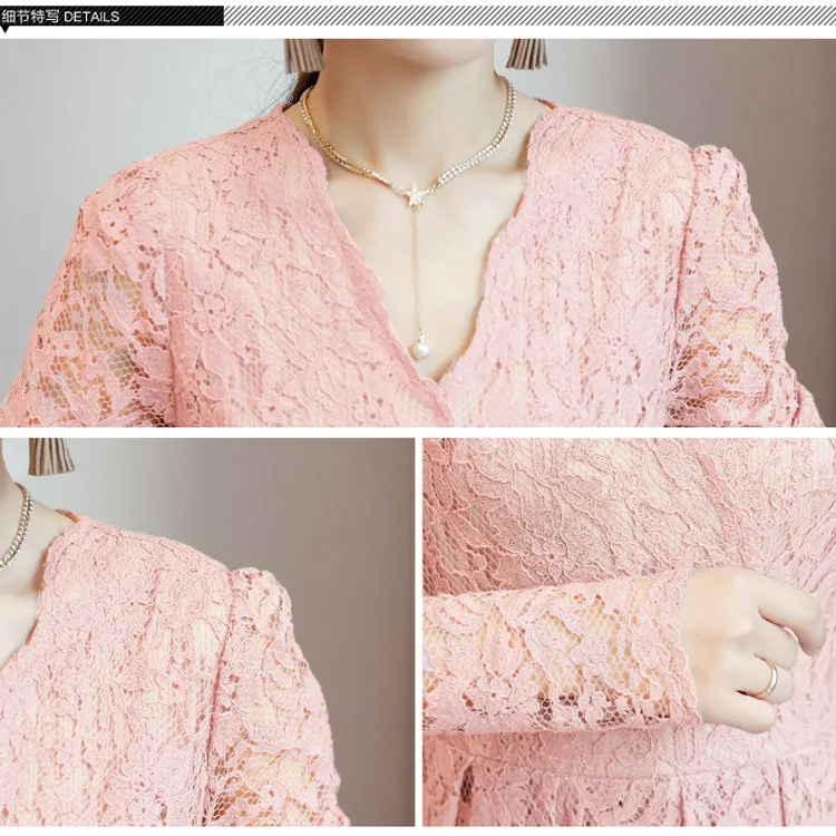 

V-neck lace dress women's long sleeve slim solid color versatile long dress