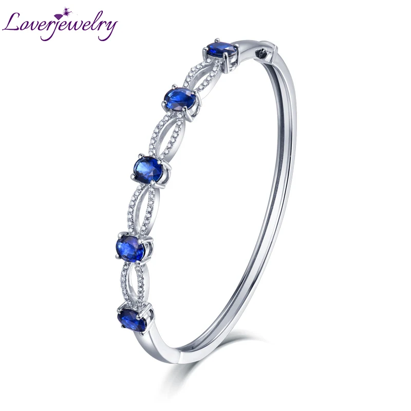 

LOVERJEWELRY Women Sapphire Bracelets Pure 18kt White Gold Natural Blue Sapphire Diamonds Bracelet for Engagement Fine Jewelry