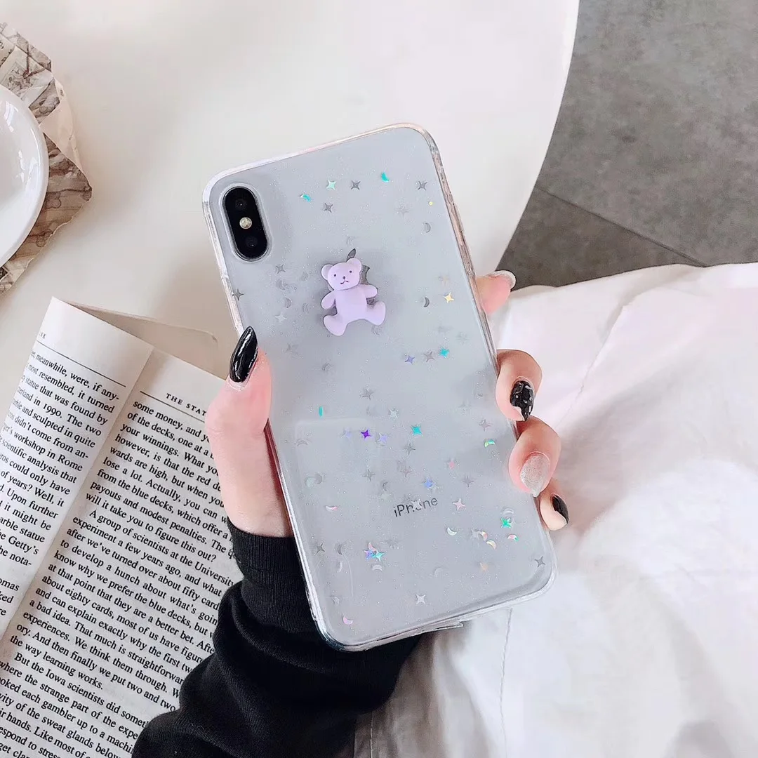 INS Korea Cool Cute Cartoon 3D Bear phone case for iphone Xs MAX XR X 6 6s 7 8 plus Star moon Clear Soft TPU Back Cover |