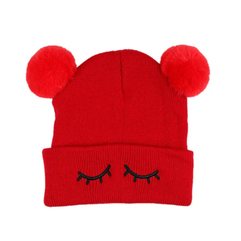 Winter Children's Cap Headgear Eyelash Embroidery Imitation Fox Fur Double Ball Knitted Wool White red Black Gray 0-7T | Детская
