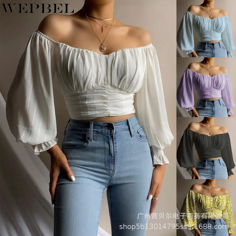 

WEPBEL Shirt Women's Sexy Solid Color Printing Pleated Slim Shirt Summer Fashion Lantern Sleeve Slash Neck Short Shirt