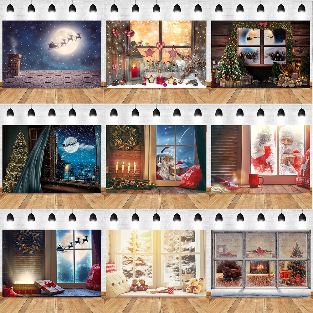 

Christmas Photography Background Winter Doors And Windows Santa Pillowcase Decoration PropsFamily Portrait Photo Backdrop Studio