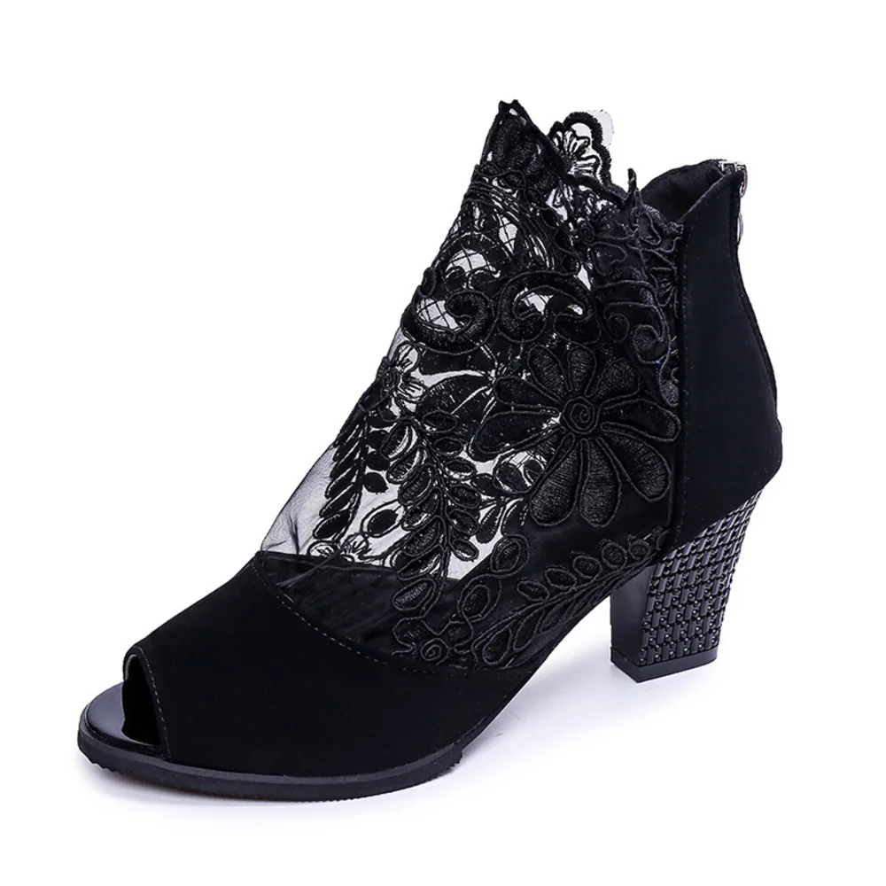 

2021 Summer Autumn New Mesh Hollow Fish Mouth Women's Sandals Large Thick Heel Breathable Lace High Heels Women's Shoes