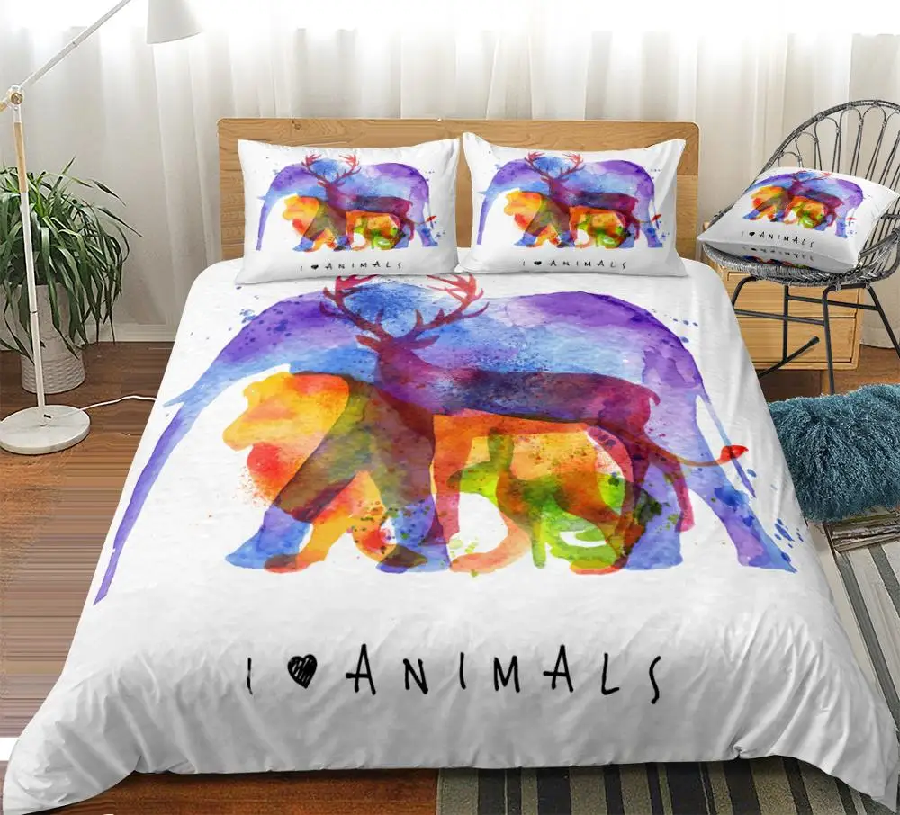 

Animal Bedding Set Wild Animals Duvet Cover Set White Quilt Cover Set Colourful bed set Queen Elephant Deer Lion Rabbit
