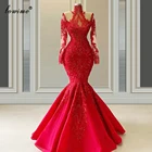 Женское свадебное платье-Русалка, красное кружевное платье с длинным рукавом и высоким воротом, официальное платье для свадьбы, 2020