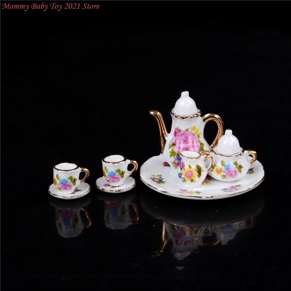 

8Pcs/set 1:12 Kitchen Strawberry Printing Porcelain Dish Pot Tray Cups Teapot Dollhouse Miniature Mini Cute Coffee Tea Set