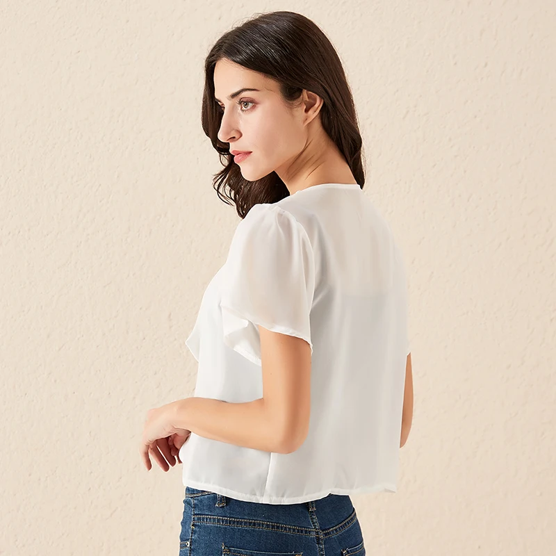 

Summer Women Blouse Loose Ruffles Turn Down Collar Butterfly Short Sleeve Thin Beach Cardigan Solid Color Women Top Blouse