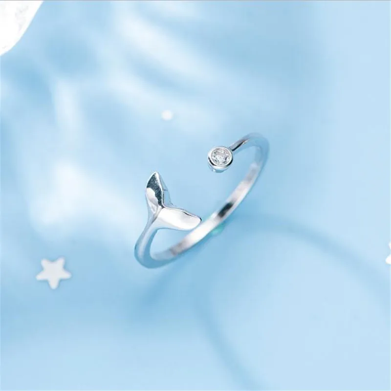 

POFUNUO S925 Sterling Silver Rings Korean Style Women Fashion Mermaid Tail Opening Rings With Zircon Brithday Fine Jewelry Gifts