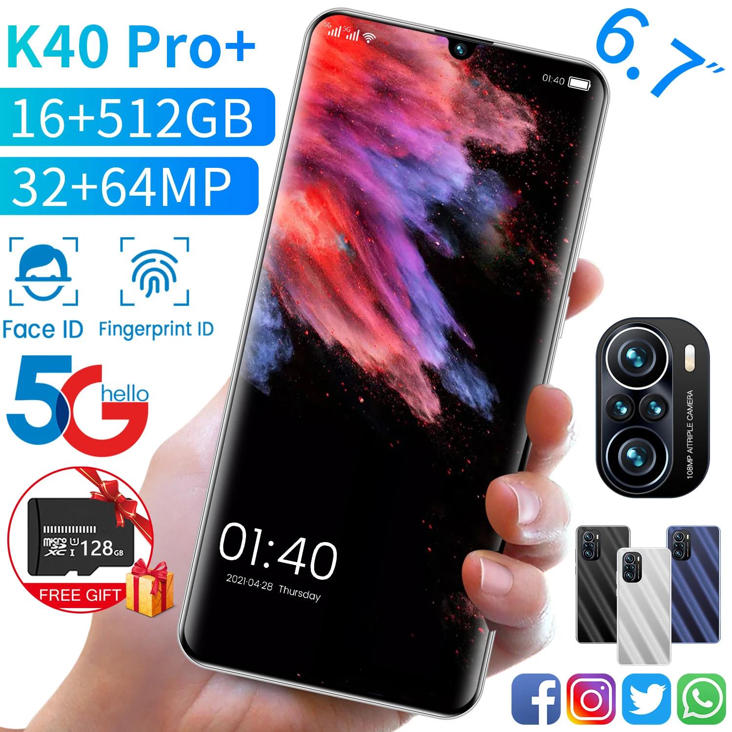 

HUAWE K40 Pro+ Global Version 6.7inch Newest 6800mAh 16GB 512GB 5G Mobile Phone 10 Core Cellphone 4G LTE Smartphone Network