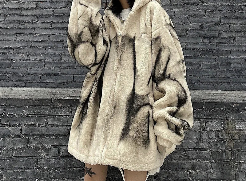 Winter Korea Ins Tide Tie-dye Loose Hooded Cardigan Men/women Lambskin Short Velvet Warm Coat Fashion Casual Street Clothing