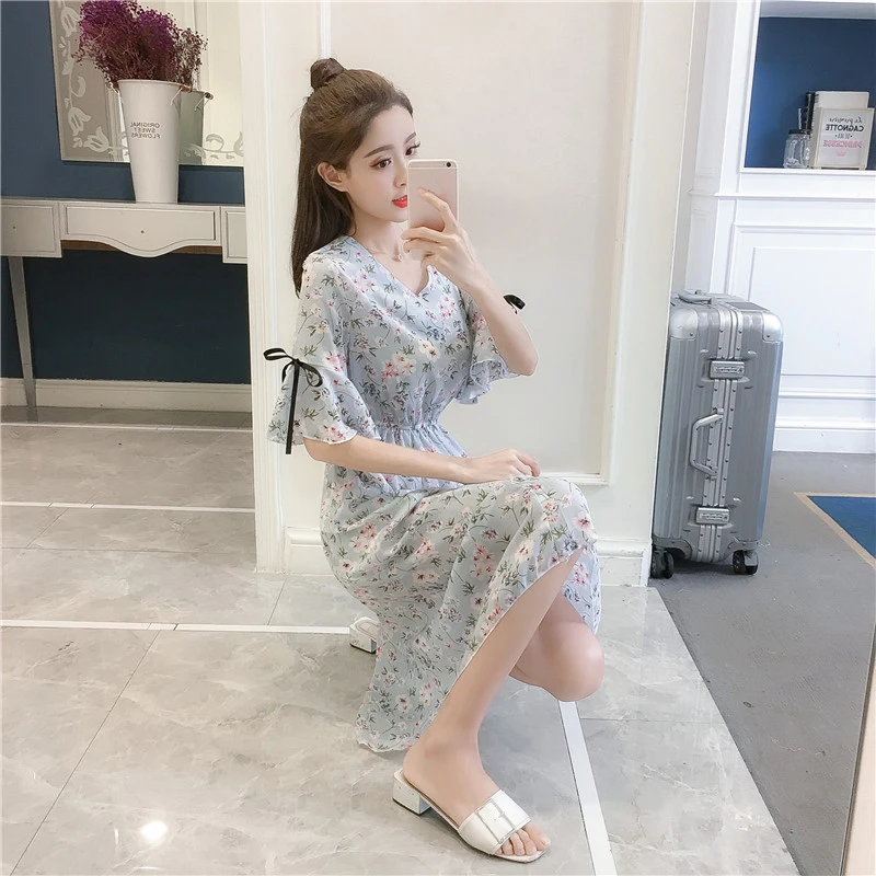 Летнее шифоновое женское платье с принтом Kawaii, до середины икры, с расклешенными рукавами, с v-образным вырезом, офисное винтажное вечернее платье, vestidos, милая одежда