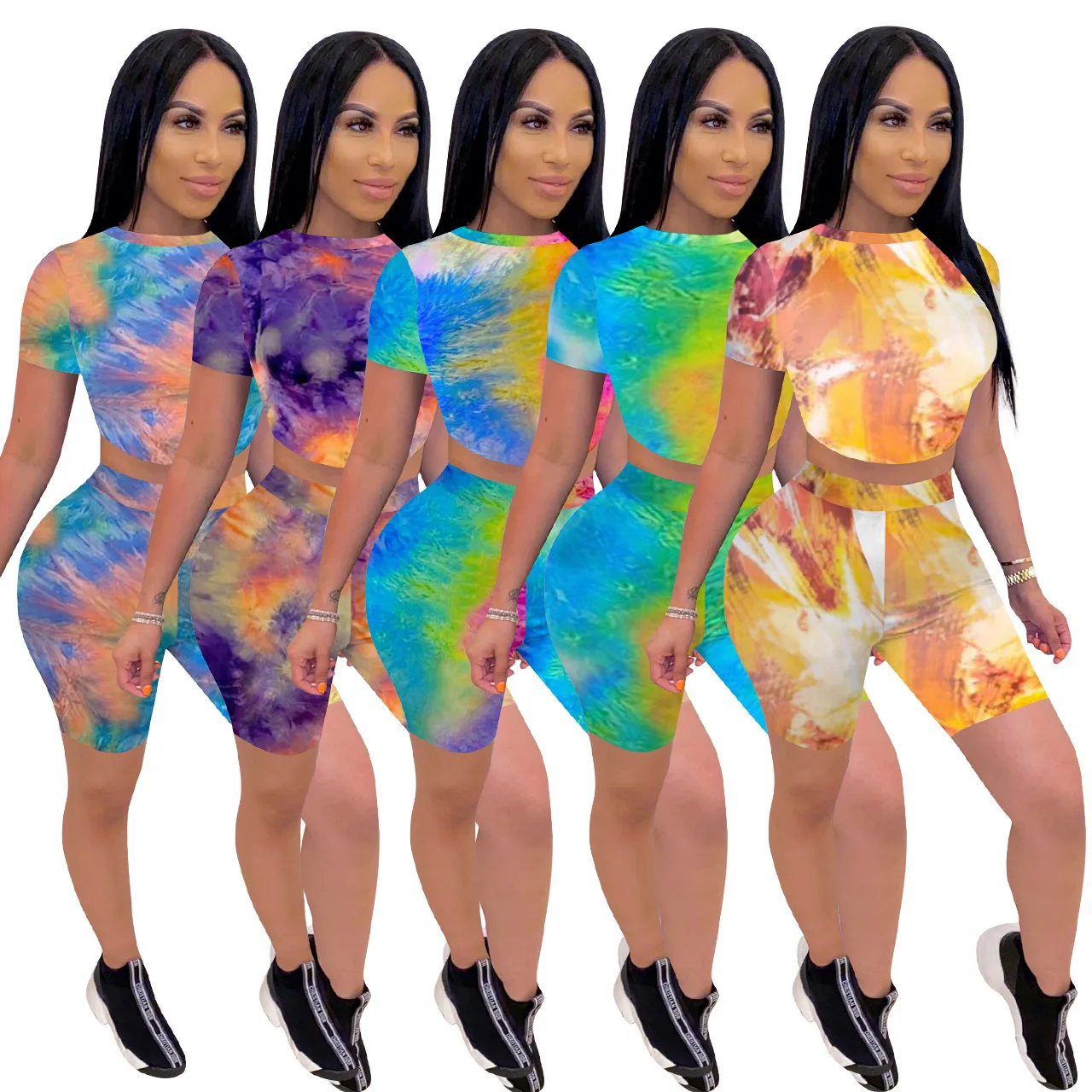 Футболка с принтом Tie Dye открытой спиной и шорты Летний Новый сексуальный женский