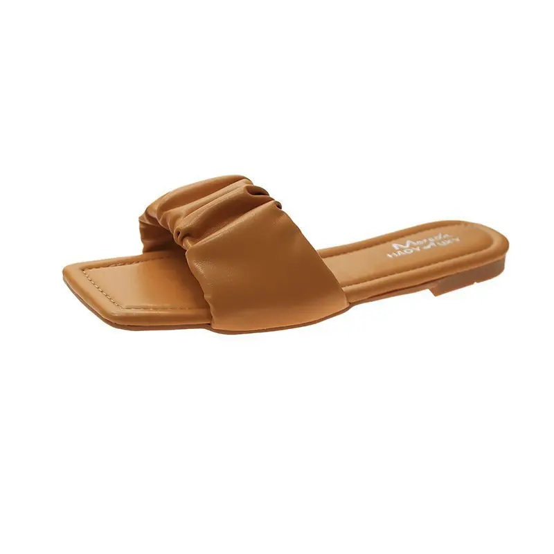 

Peep Toe Slippers Women Summer Shoes Slides Low Fashion Pantofle Square Flat Luxury 2021 Rome Basic Fabric Hoof Heels Pleated PU
