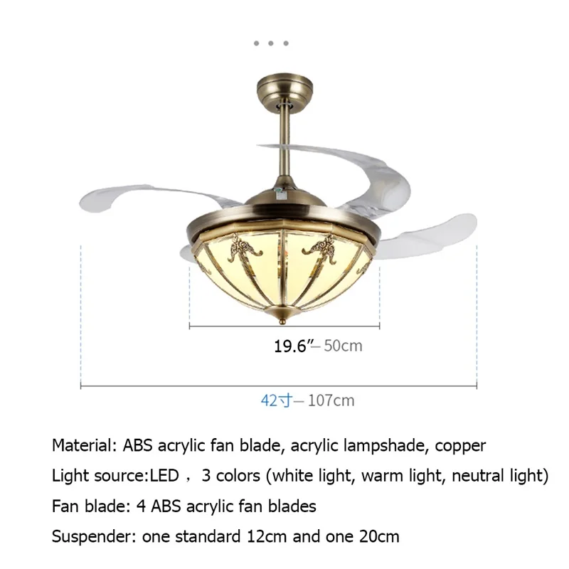 

8M Copper Ceiling Fan Lights With Invisible Fan Blade Remote Control Contemporary Home Creative Decoration Fan Lighting