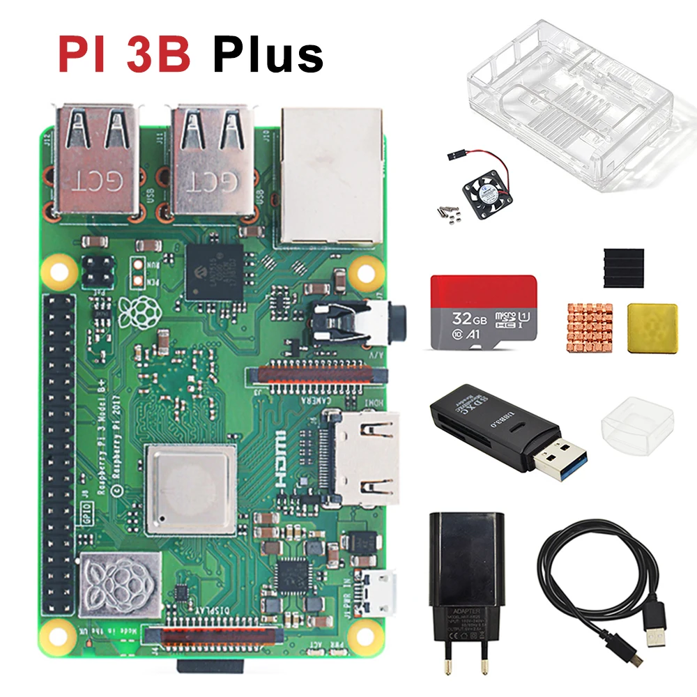 Оригинальный Raspberry Pi 3B plus модельный комплект с прозрачным чехлом + теплоотвод EU