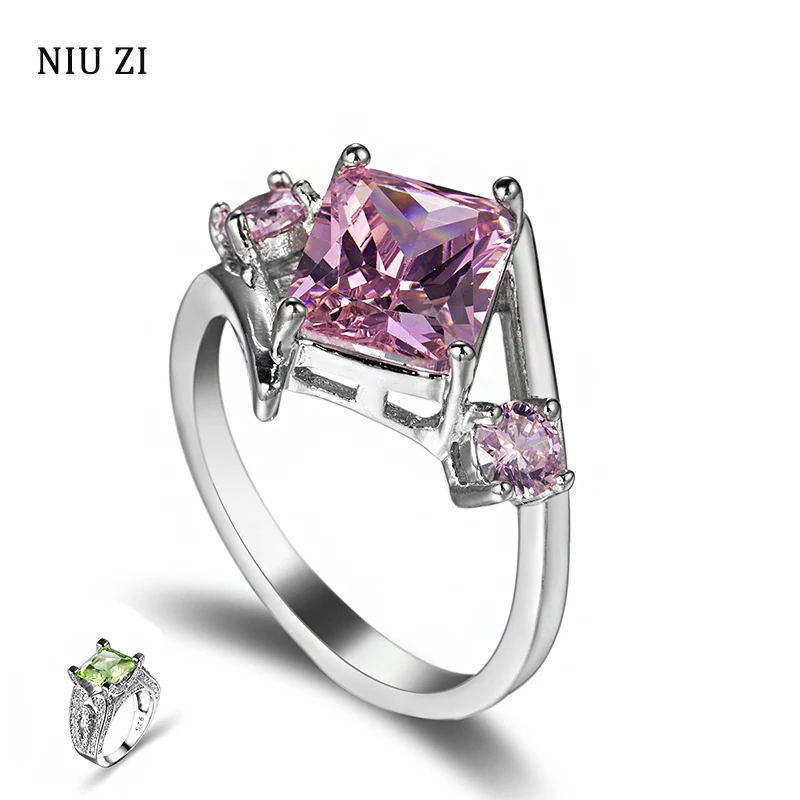 

Rings For Women 925 Silver Vintage Fashion Geometric Pink Zircon Square Crystal Rings Couple Female Engagement Wedding Bands Hot