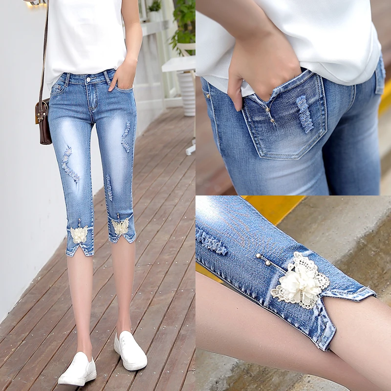 #5801 Elastic Slim Denim Calf-Length Pants Woman Korean Style Jeans Women Mid Waist Sequin Floral Print Split Hole Denim Jeans