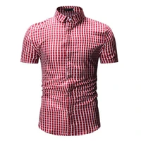 men new check shirts summer short sleeve loose fit business formal casual plaid shirt holiday beach tourism daily life red blue