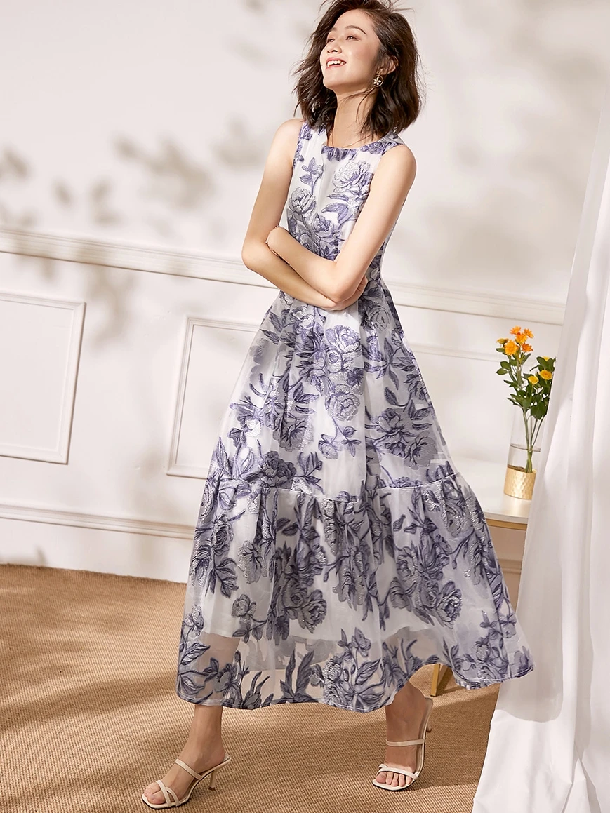 

New Fashion Ladies Party Dress High-End Organza Chiffon Embroidered Flower Maxi Long Dress Elegant Retro Fairy Dress