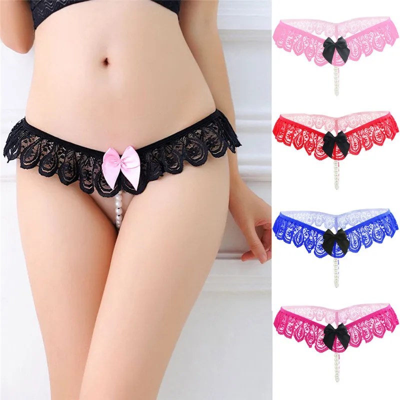 

Women Sexy Lace Panties Open Crotch Thong G-Strings with Pearls Massaging Bead Crotchless Erotic Underwear for Sex Lingerie Toys