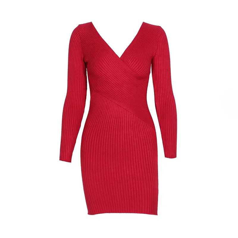 

Zoulv Women Casual Full Sleeve Slim Autumn Winter Hip Dress for Women 2021 New Fashion Sexy V Neck Cross Knitted Dress