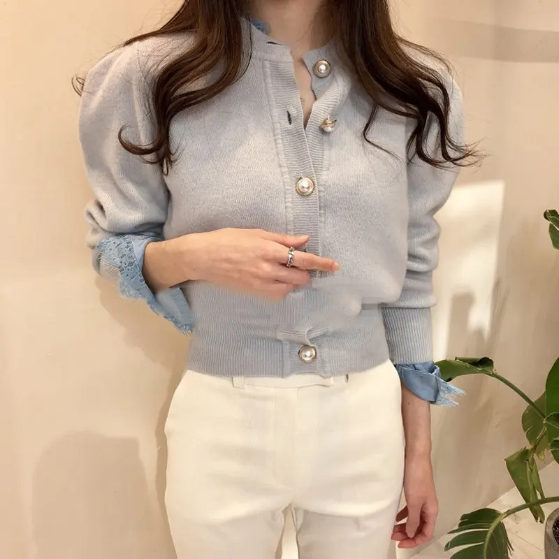 RealShe вязаный женский кардиган с О-образным вырезом и длинным пышным рукавом