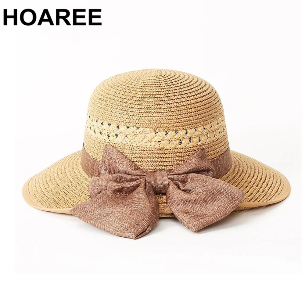 

HOAREE Summer Straw Hat Linen Bow Wide Brim Women Hats Ladies Travel Beach Ourdoor Sun Protection Brand Ladies Sun Hat