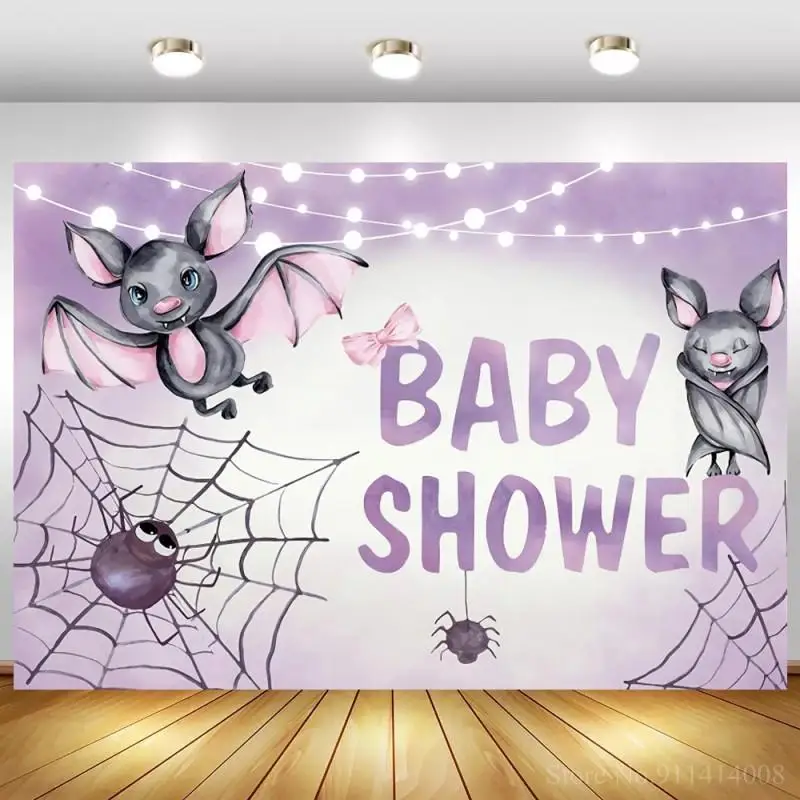 

Cartoon Cute Small Bat Trick Baby Shower Photography Background Purple Lights Newborn Halloween Theme Party Backdrops