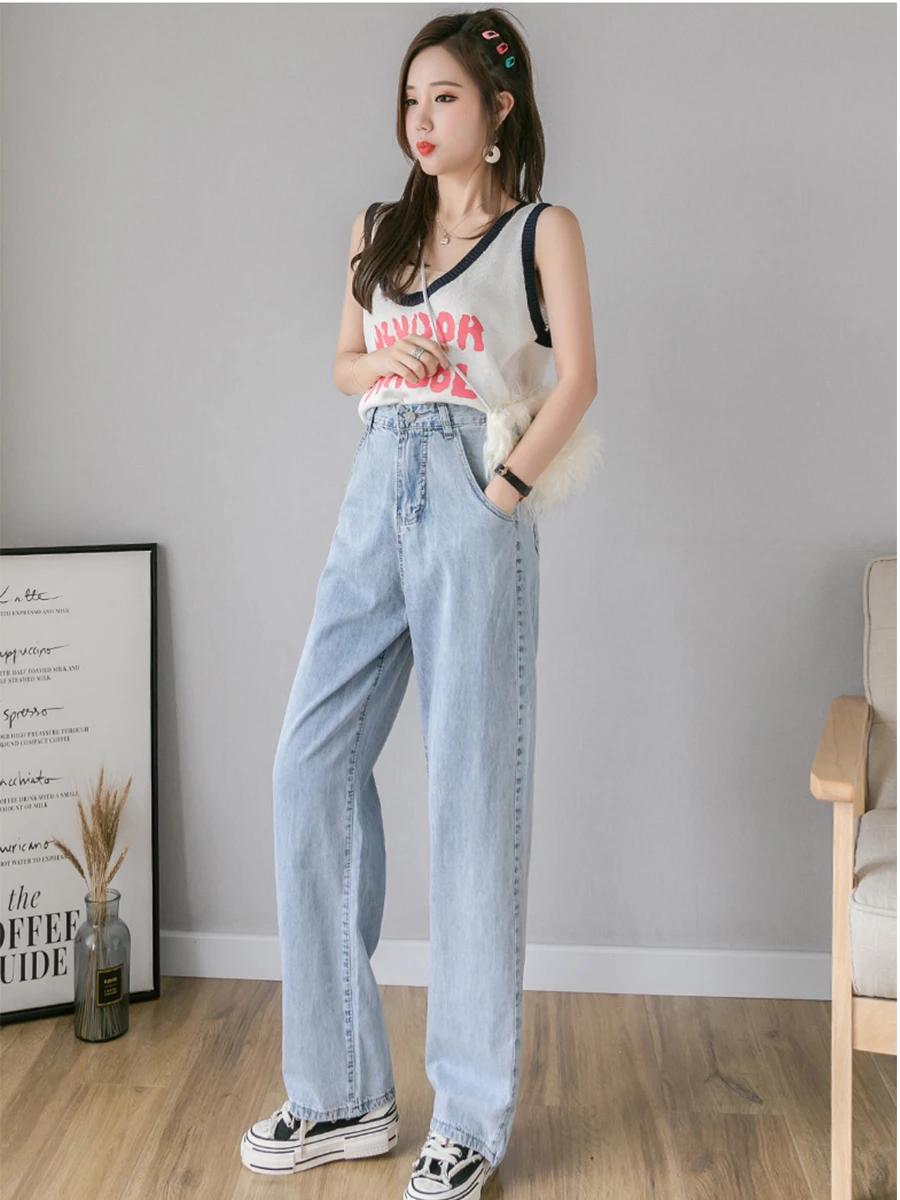 С высокой талией для студентов сексуальные и милые тонкие широкие в пол брюки