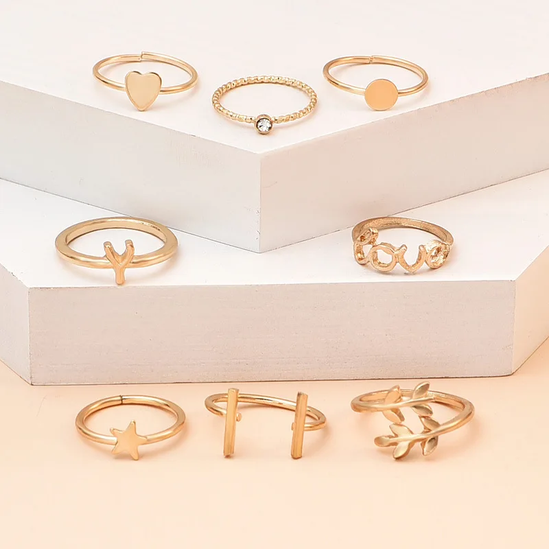 8 Pcs/Set Fashion Women Rings Set Leaf Letter Heart Round Star Y Shaped Knuckle Gold Ring Simple Wedding Party Jewelry | Украшения и