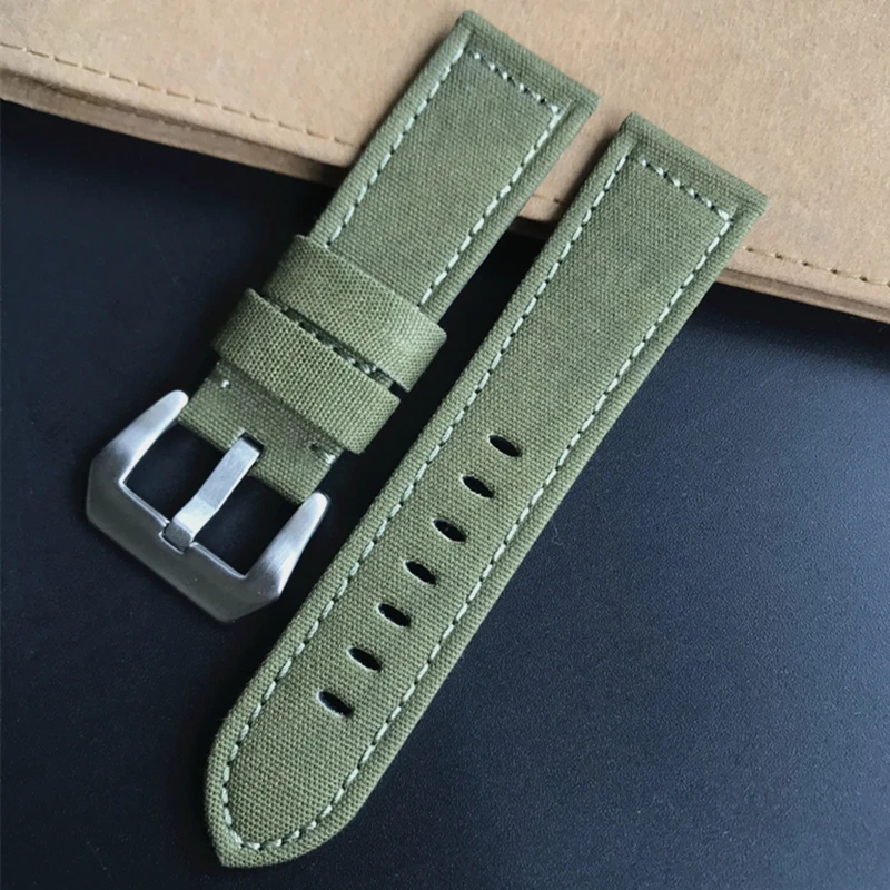 24mm Black Brown Army Green Camo Canvas Nylon Bottom Leather Watch Strap Replacement For Panerai Breitling Pilot Watchband Belt