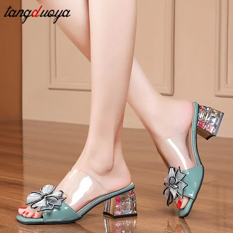 Шлепанцы женские на высоком квадратном каблуке сандалии-желе с бантом со