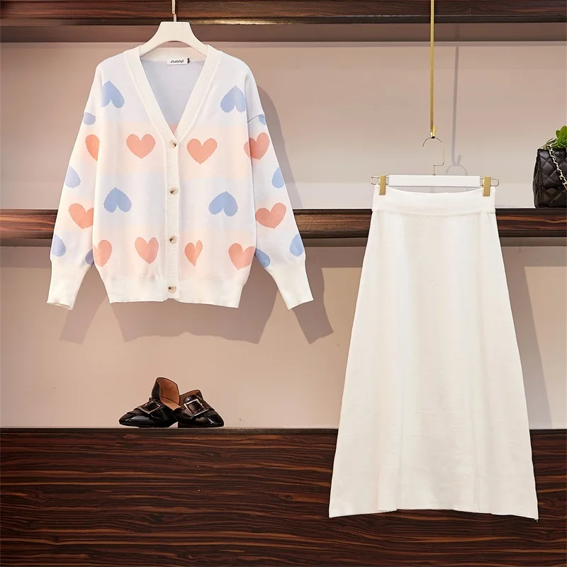 Женский вязаный комплект из двух предметов Свободный кардиган с сердечками и