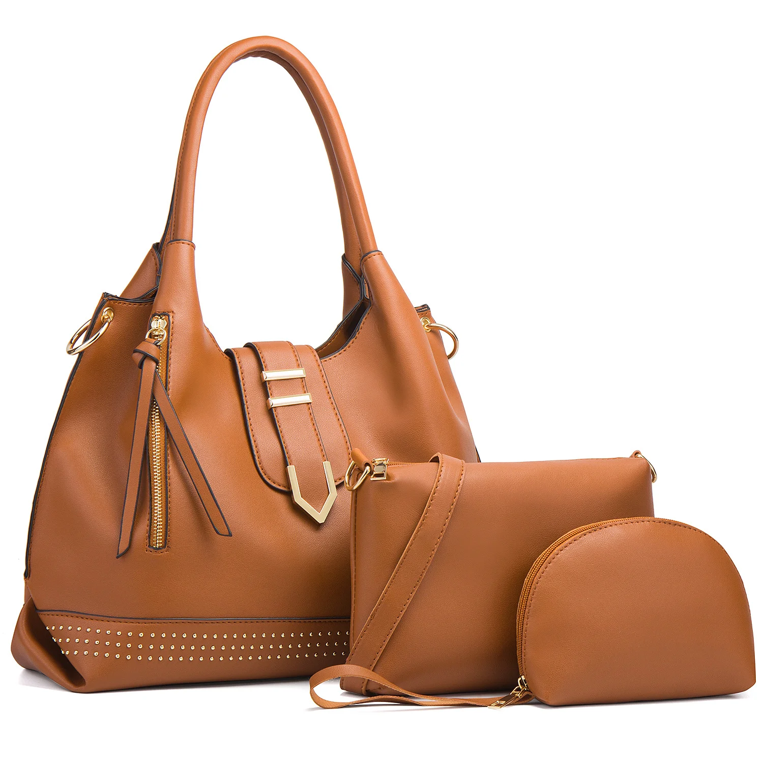 

FUNMARDI New Fashion Rivet 3 Pieces Set HandBag Luxury Designer PU Leather Shoulder Bag High Capacity Women Solid Color Tote Bag