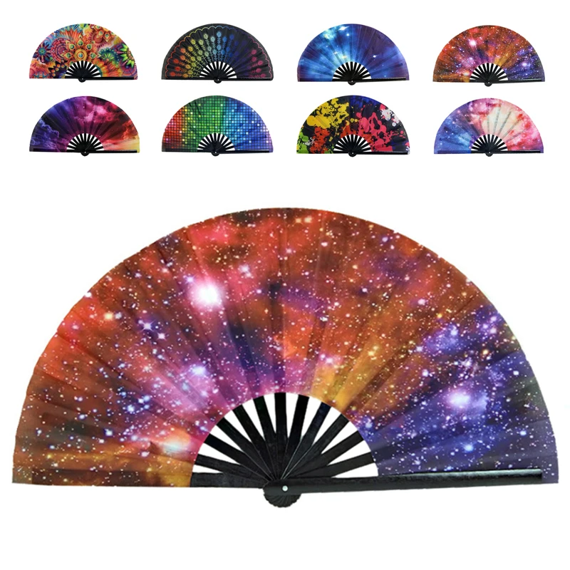 Chinese Style Hand Fan Colored Geometric Printing Folding Fans Dance Carnival Festival Wedding Party Favor Kung Fu Fan