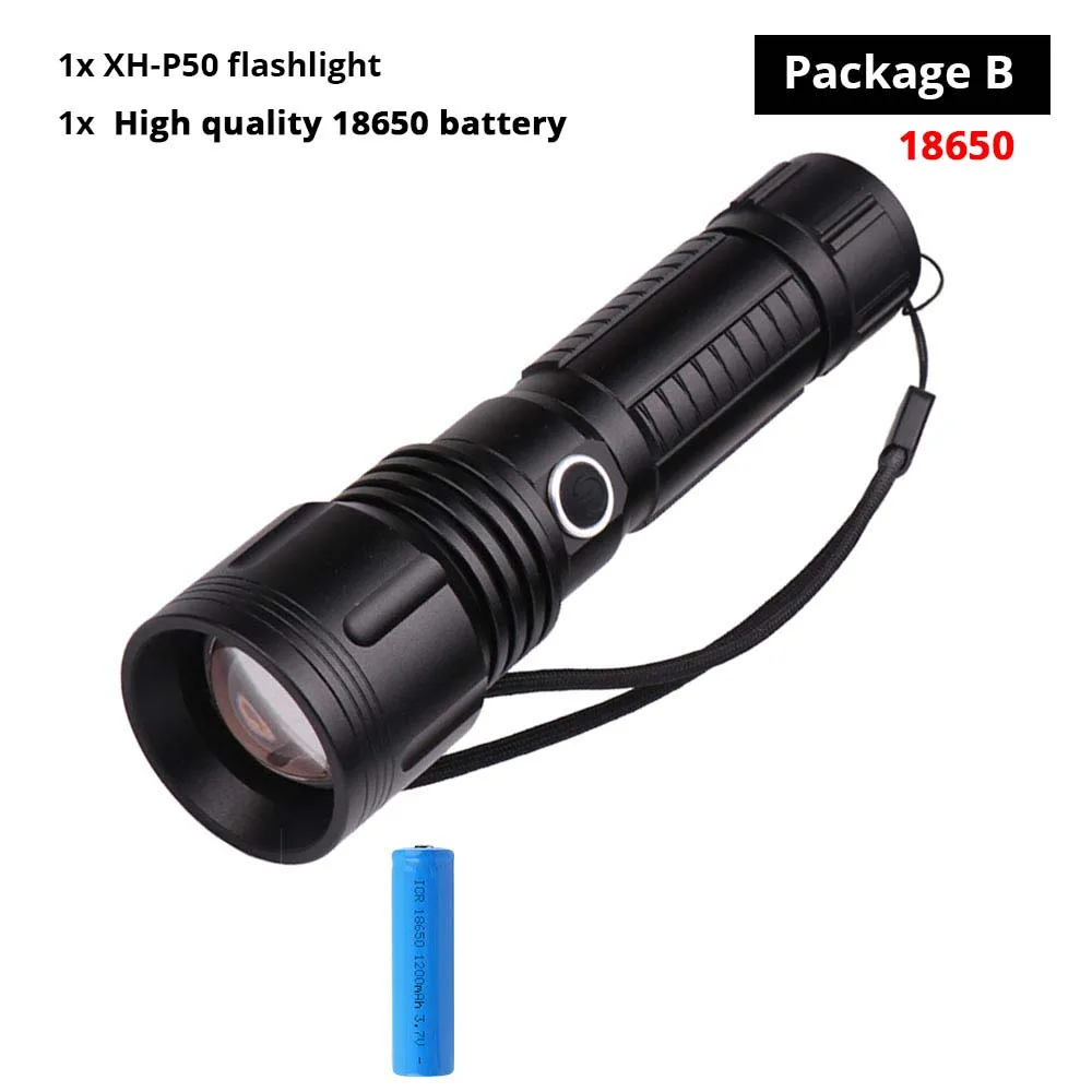 18650-Package B Мощный светодиодный фонарь XHP 50 с ламповыми бусинами, 5 режимов освещения, масштабируемый водонепроницаемый фонарь, дальность освещения больше 300 м - Испускаемый цвет: 18650-Package B
