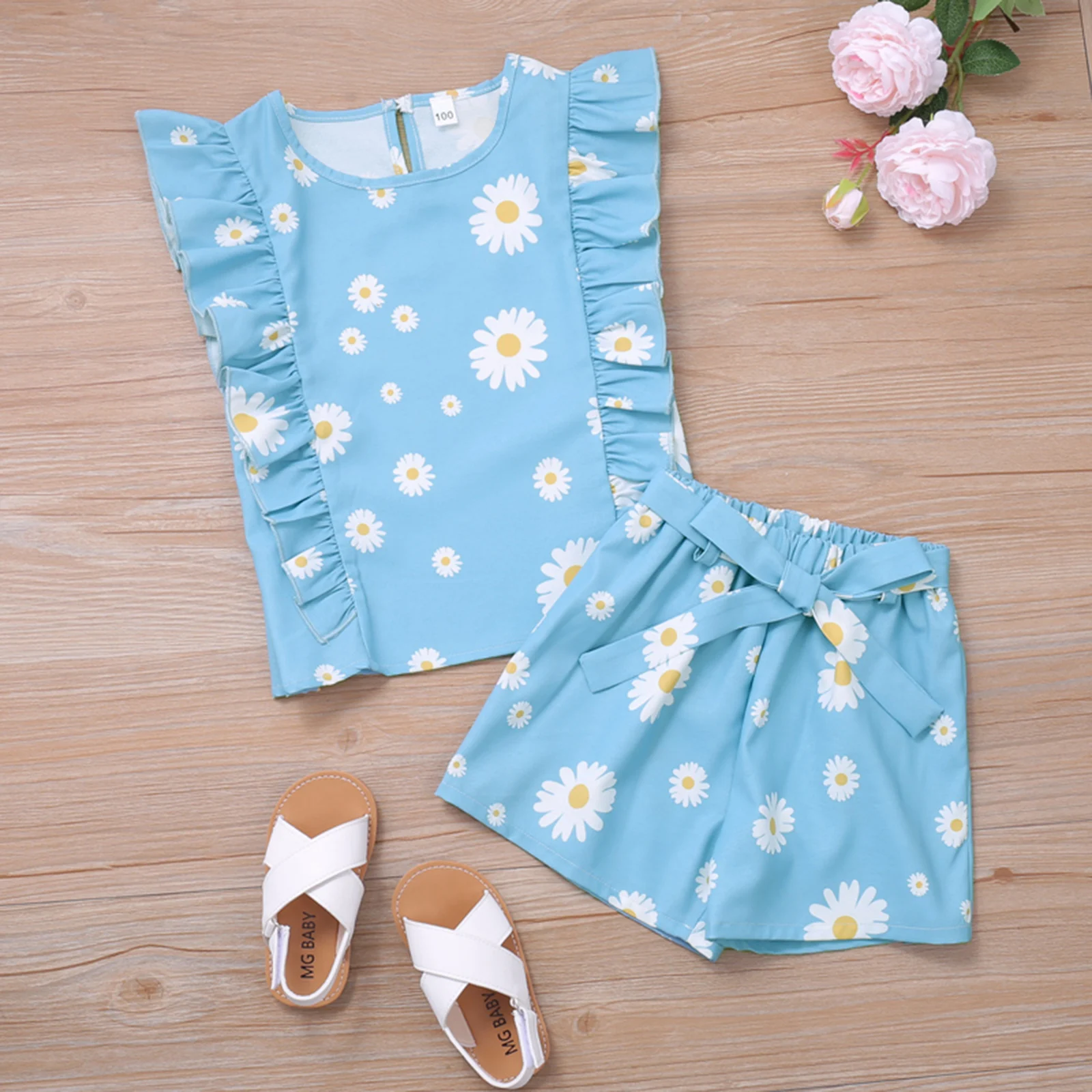 

Girls Casual Two-piece Clothes Set Blue Sleeveless Floral Printed Pattern Round Collar Tops + Shorts Outfits