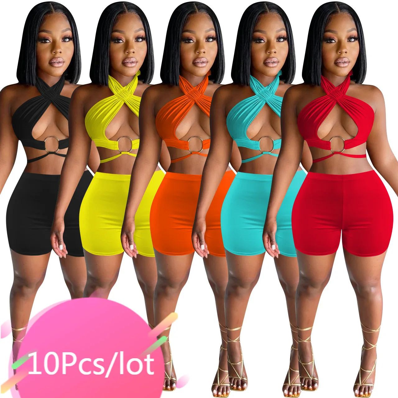 

Bulk Items Wholesale Lots Summer Two Piece Sets Women Halter Cut Out Bandage Tops Biker Shorts Suit Sexy Night Club Outfits 2021