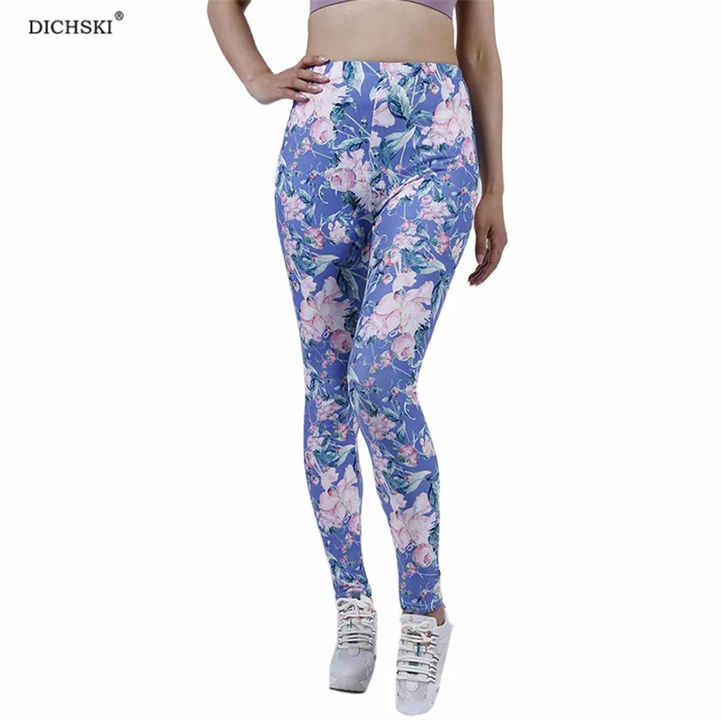 

DICHSKI 2021 New Women Leggings High Waist Gym Blue Pink Flower Pants Female Sport Workout Tights Elastic Ankle-Length Bottom